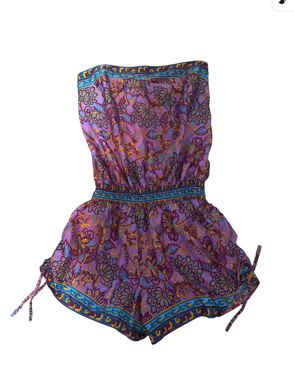 Purple Floral Strapless Romper with Smocked Waist